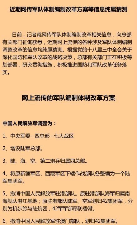 国防部:网传军队体制编制改革方案等信息纯属猜测